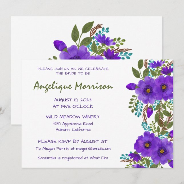 Purple Painted Floral Bridal Shower Invitation (Front/Back)