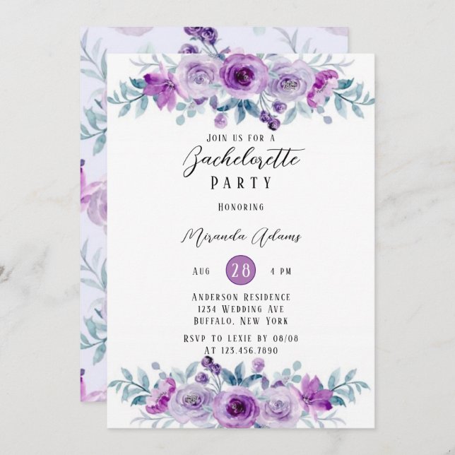 Purple Painted Peony Eucalyptus Bachelorette Party Invitation (Front/Back)