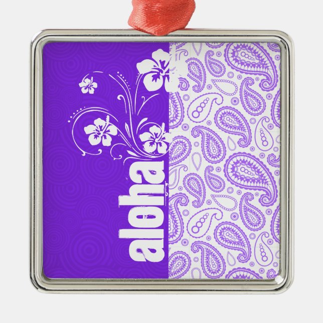 Purple Paisley; Aloha, Hibiscus Metal Tree Decoration (Front)