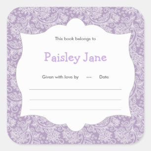 Purple Paisley Girl Book baby shower Bookplate Square Sticker