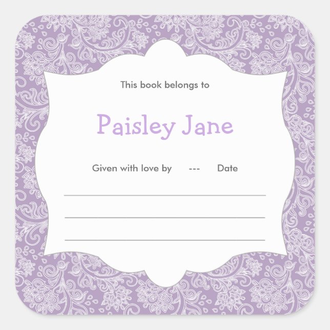 Purple Paisley Girl Book baby shower Bookplate Square Sticker (Front)