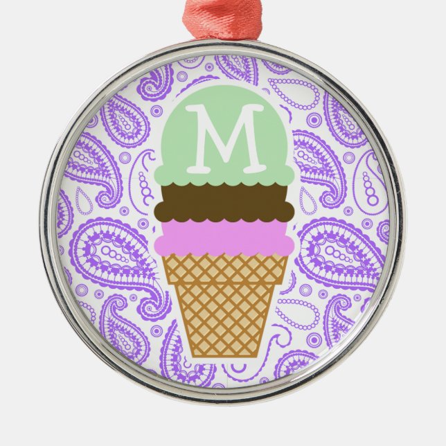 Purple Paisley Pattern; Ice Cream Cone Metal Tree Decoration (Front)