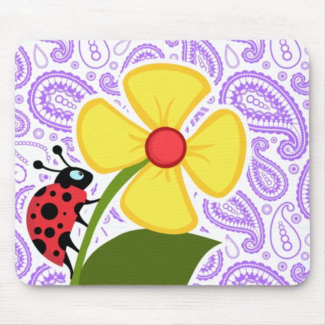 Purple Paisley Pattern; Ladybug Mouse Mat (Front)