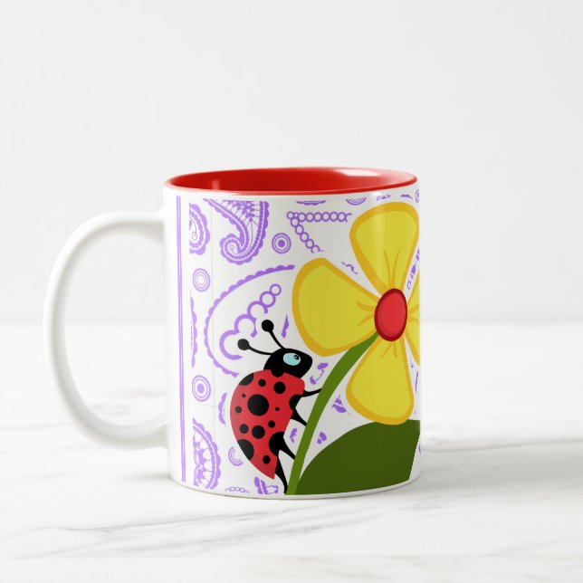 Purple Paisley Pattern; Ladybug Two-Tone Coffee Mug (Left)