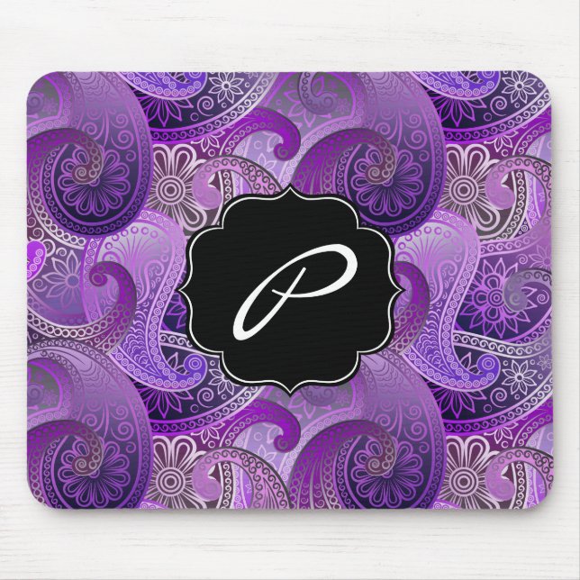 Purple Paisley Pattern with Custom Monogram Mouse Mat (Front)
