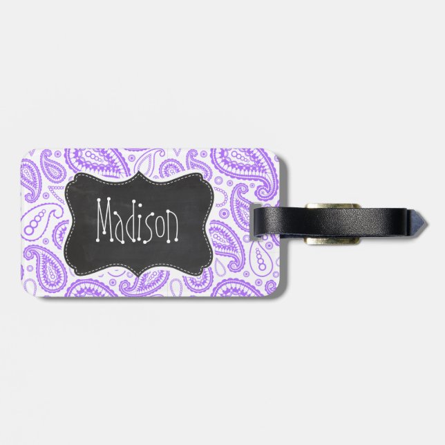 Purple Paisley Vintage Chalkboard look Luggage Tag (Back Horizontal)
