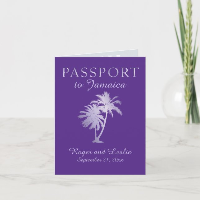 Purple Palm Faux Foil Jamaica Wedding Passport Invitation (Front)