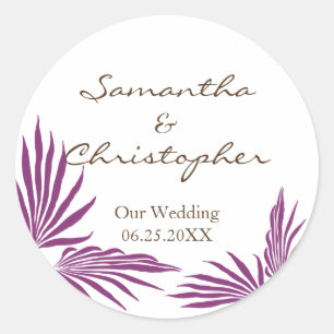 Purple palm leaves tropic wedding favour seal labe