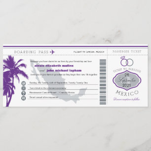 Purple Palm Tree Mexico Boarding Pass Wedding Invitation