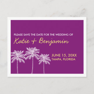Purple palm tree summer wedding chic save the date announcement postcard