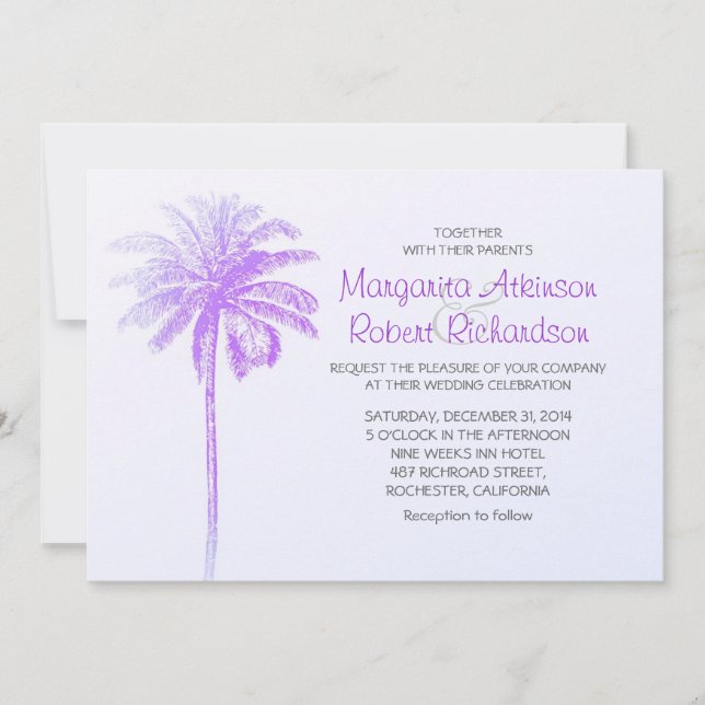 purple palm tree white beach wedding invitations (Front)