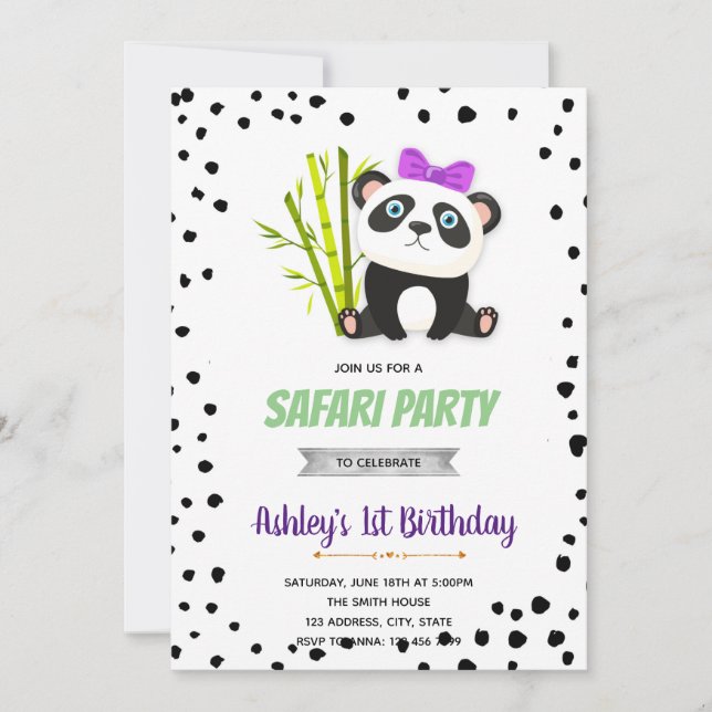 Purple panda birthday invitation (Front)