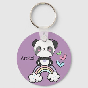 Purple Panda Unicorn on Rainbow Personalised Key Ring