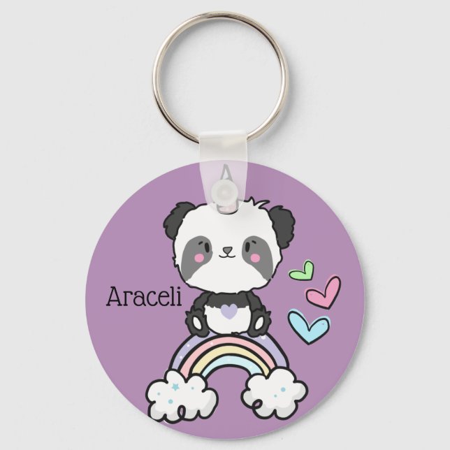 Purple Panda Unicorn on Rainbow Personalised Key Ring (Front)