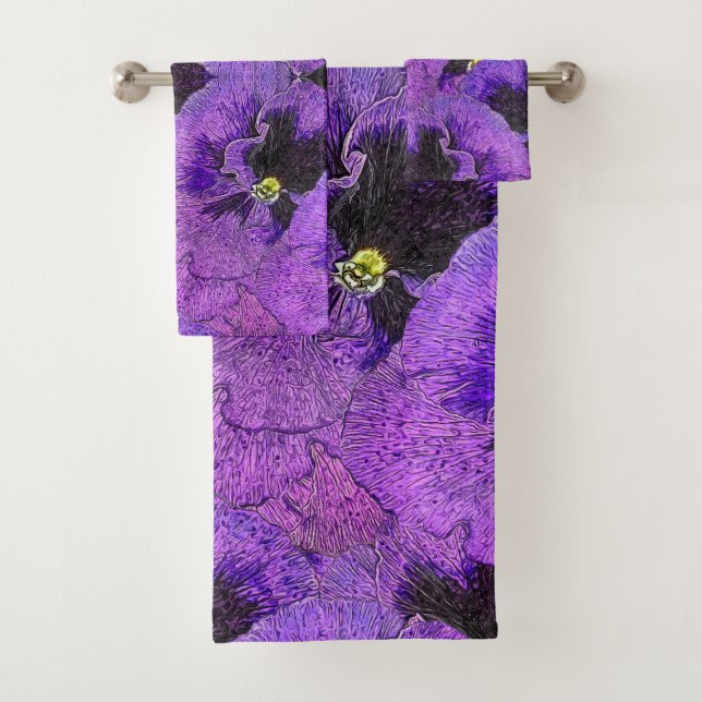 Purple pansies, abstract painting, floral art  bath towel set (Insitu)