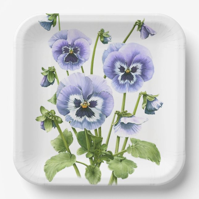 Purple Pansies  Botanical Art Paper Plates (Front)