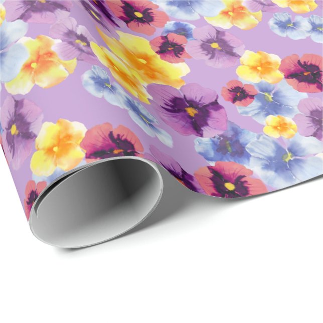 Purple Pansies Elegant Watercolor Boho Violet Wrapping Paper (Roll Corner)