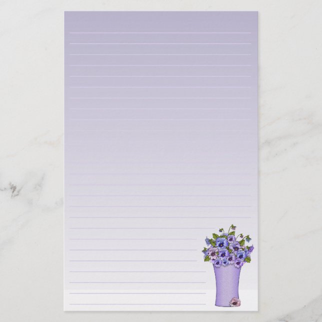 Purple Pansies Floral Arrangement in Vase Stationery (Front)