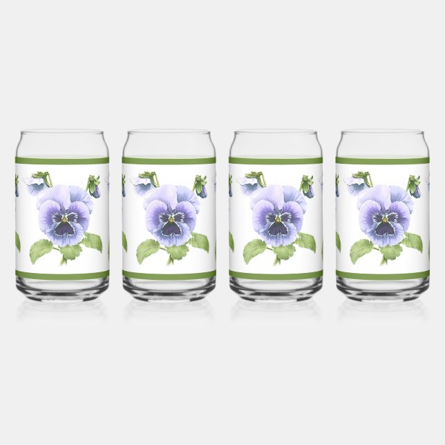 Purple Pansies Floral Botanical Art Can Glass (Left)