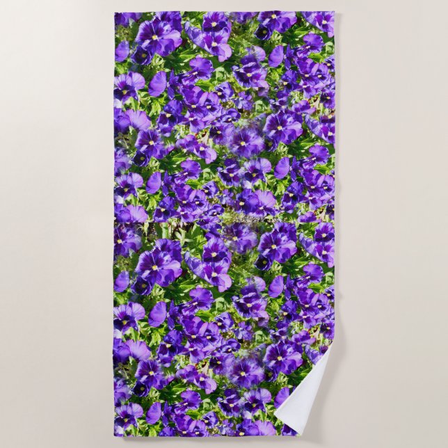 Purple Pansies In A Field, Beach Towel (Front)