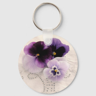 purple pansies on decorative fabric keychain