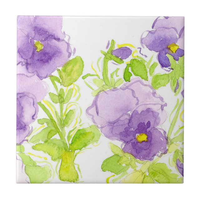 Purple Pansies Pastel Watercolor Flowers Tile (Front)