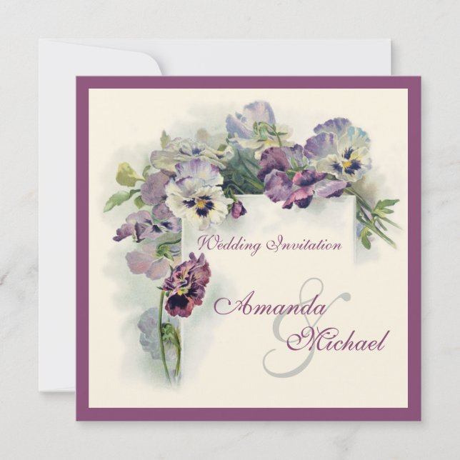 Purple pansies square wedding invitation (Front)