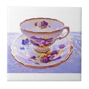 Purple Pansies Vintage Tea Cup Tile