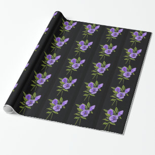 Purple Pansies, Violas: Colour Pencil on Black: Wrapping Paper