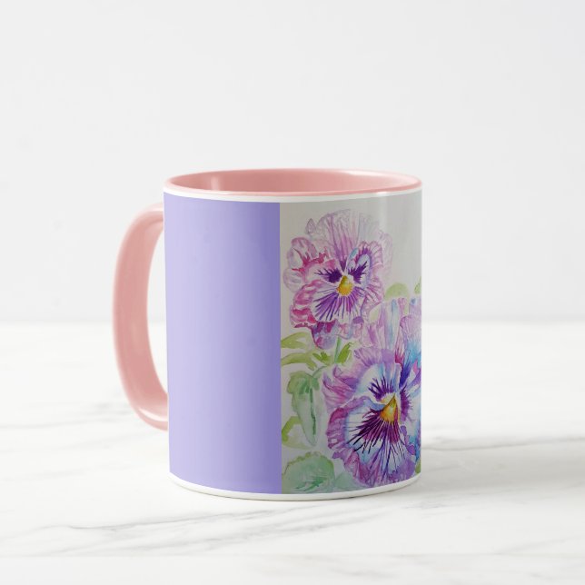 Purple Pansies Watercolor Painting Mug pink (Front Left)
