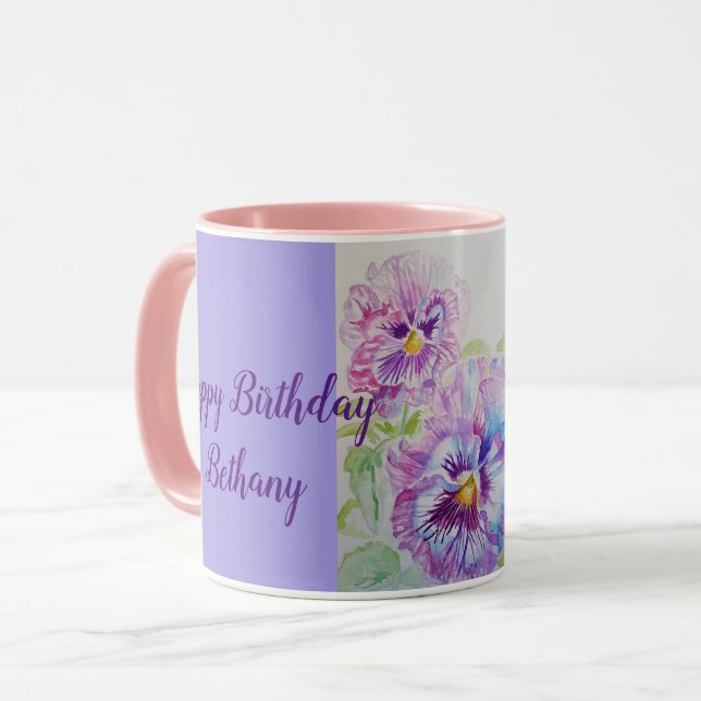 Purple Pansies Watercolor Painting Mug pink (Front Left)