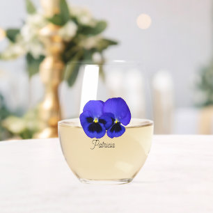 Purple Pansies with Stylised Name Floral Stemless Wine Glass