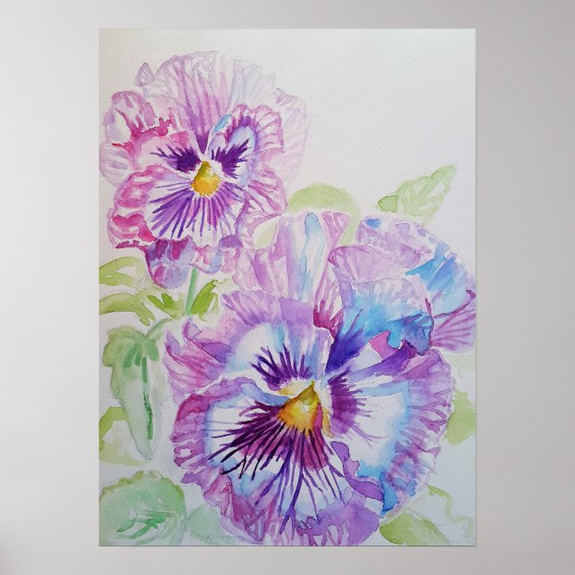 Purple Pansy Art Floral Flowers Watercolor Poster (Front)