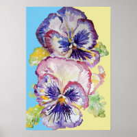 Purple Pansy Art Floral Flowers Watercolor Poster