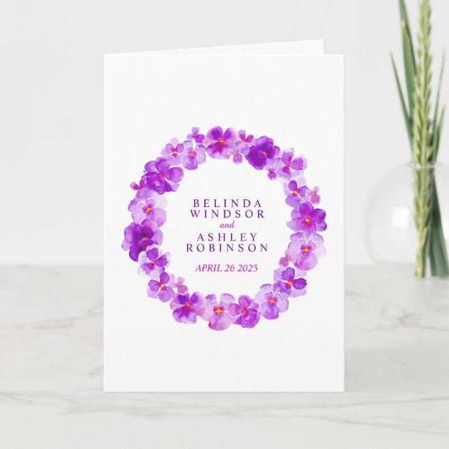 Purple pansy art watercolor wedding ceremony programme (Front)