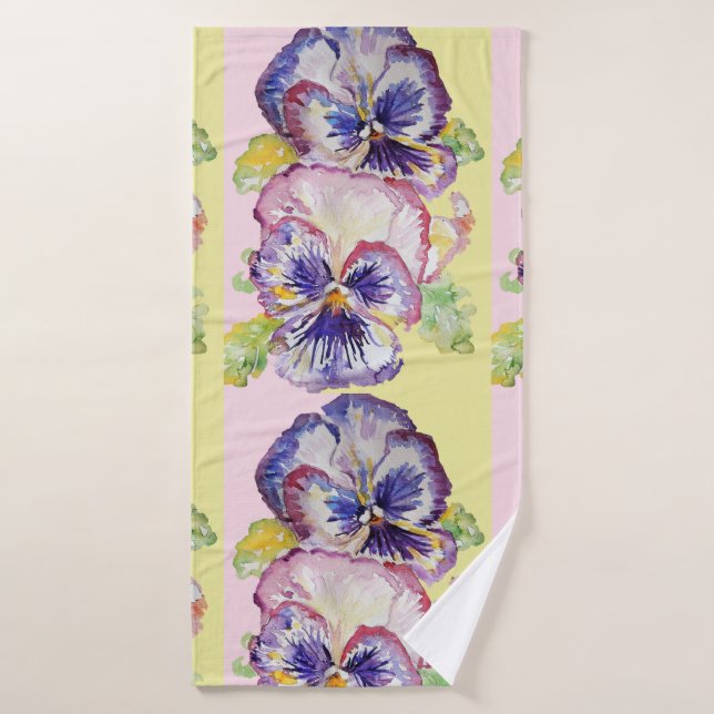 Purple Pansy Baby Pink Yellow Flowers Floral Bath Towel Set (Bath Towel)