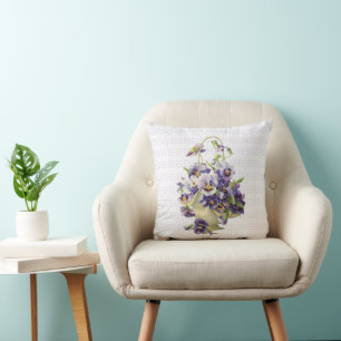 Purple Pansy Basket on Eyelet Lace Cushion