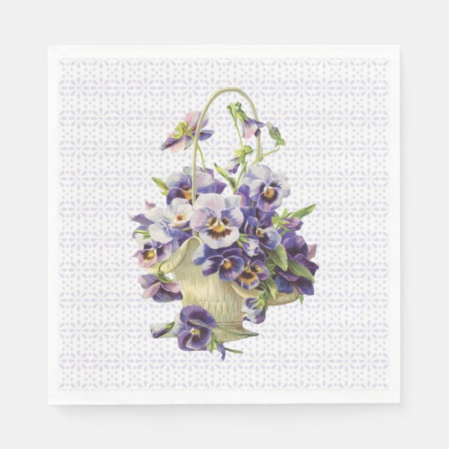 Purple Pansy Basket on Eyelet Lace Napkin (Front)