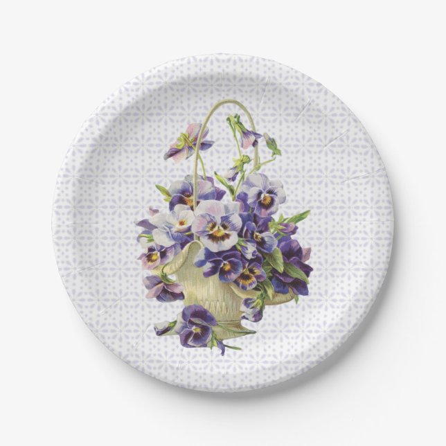 Purple Pansy Basket on Eyelet Lace Paper Plate (Front)