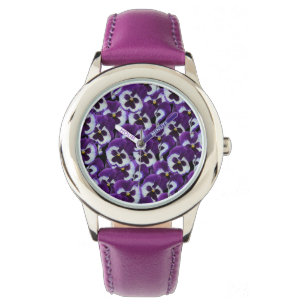 Purple Pansy Bouquet, Girls Purple Leather Watch. Watch