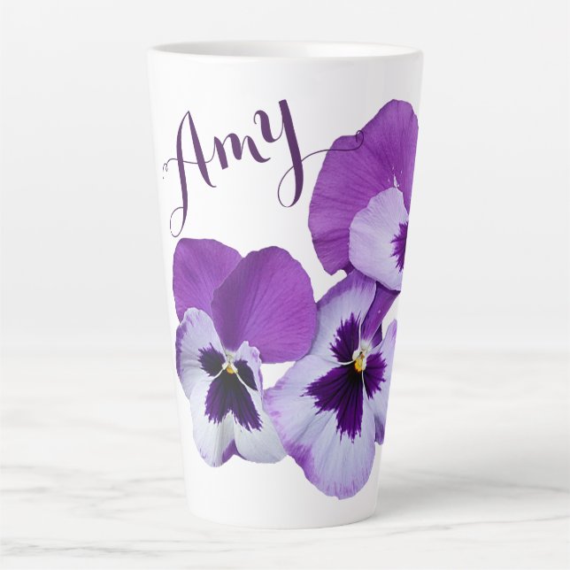  Purple pansy floral Amy name customizable boho Latte Mug (Front)