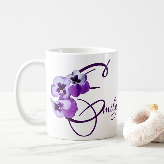  Purple pansy floral Emily name customizable chic  Coffee Mug (With Donut)
