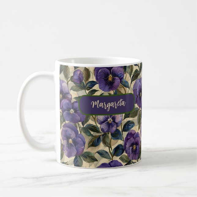 Purple Pansy Floral Flower  Coffee Mug (Left)