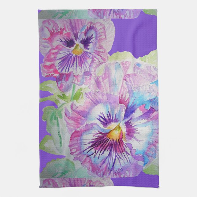 Purple Pansy floral flowers Watercolor Tea Towel (Vertical)