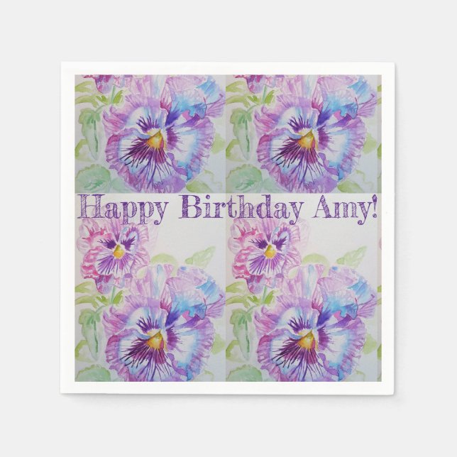 Purple Pansy floral Watercolour Serviette Napkins (Front)