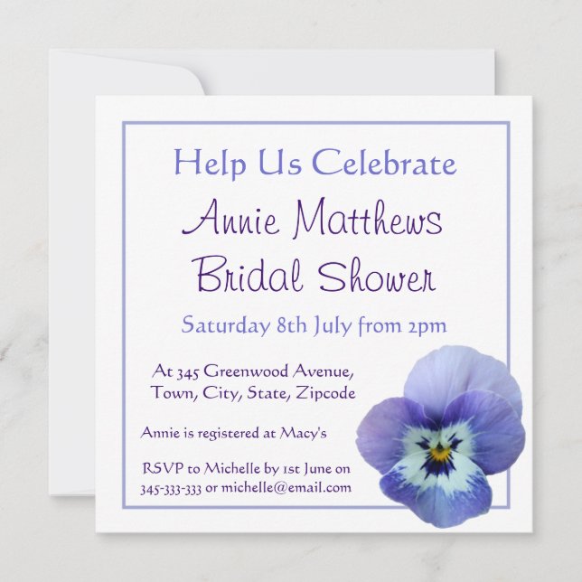 Purple Pansy Flower Bridal Shower Invite (Front)