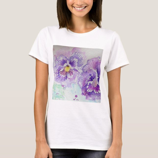Purple Pansy Flower Floral Watercolor Painting T-Shirt (Front)