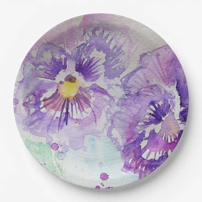 Purple Pansy Flower Pattern Paper Party Plate (Front)