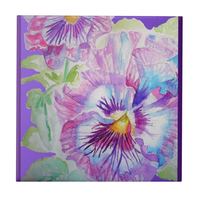 Purple Pansy Flower Watercolor Floral Ceramic Tile (Front)