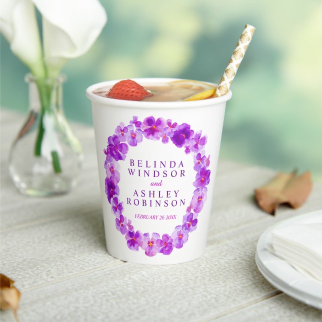 Purple pansy flower wreath watercolor art wedding paper cups (Insitu)